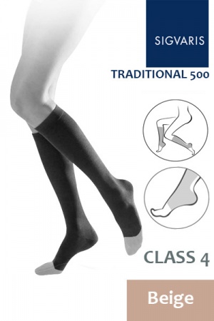 Sigvaris Traditional 500 Class 4 Beige Calf Compression Stockings with Open Toe