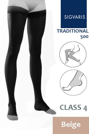 Sigvaris Traditional 500 Class 4 Beige Half Thigh Compression Stockings with Open Toe