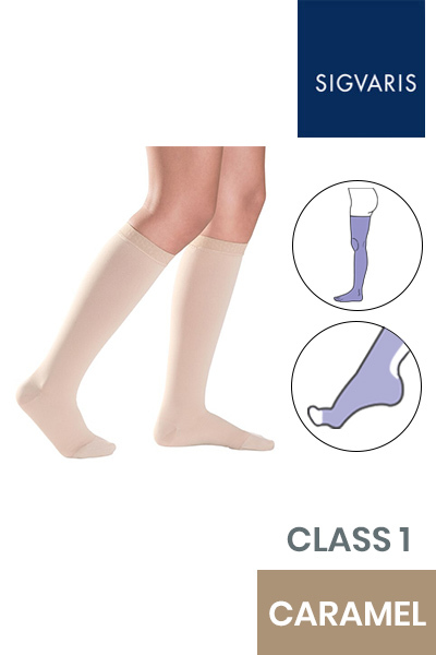 Sigvaris Style Semitransparent Class 1 Knee High Caramel Compression Stockings with Open Toe