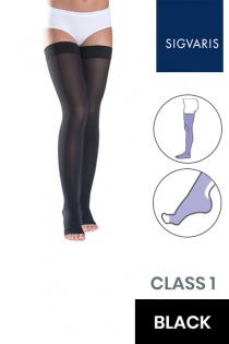 Sigvaris Style Semitransparent Class 1 Thigh Black Compression Stockings with Knobbed Grip and Open Toe
