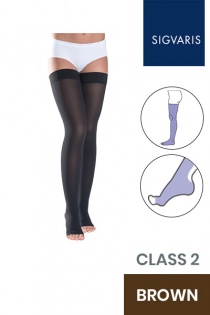 Sigvaris Style Semitransparent Class 2 Thigh Brown Compression Stockings with Lace Grip and Open Toe