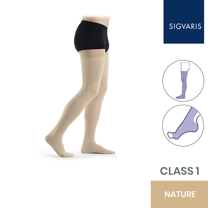 Sigvaris Essential Thermoregulating Class 1 (18-21mmHg) Thigh Nature Compression Stockings with Knobbed Grip and Open Toe