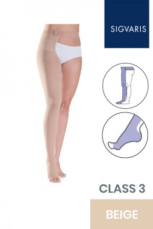 Sigvaris Traditional Unisex Class 3 Beige Compression Stockings with Waist Attachment and Open Toe