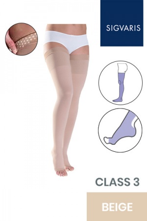 Sigvaris Traditional Unisex Class 3 Thigh High Beige Compression Stockings with Grip Top and Open Toe