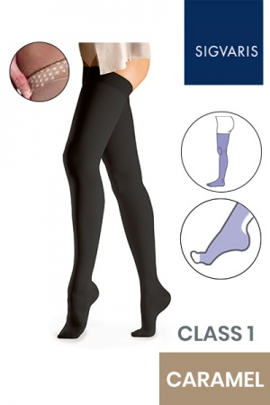 Sigvaris Essential Comfortable Unisex Class 1 Thigh High Caramel Compression Stockings with Grip Top and Open Toe