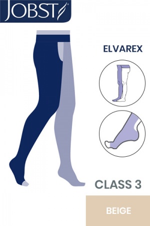 Jobst Elvarex Class 3 Beige Thigh High Compression Stockings with Open Toe and Waist Attachment