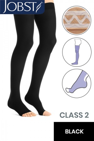 Jobst Opaque Class 2 Black Thigh High Compression Stockings with Open Toe and Lace Silicone Band