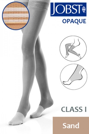 Jobst Opaque Class 1 Sand Thigh High Compression Stockings with Open Toe and Soft Silicone Band