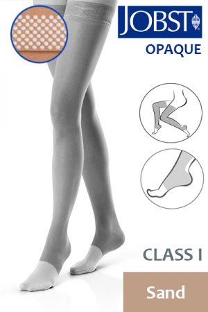 Jobst Opaque Class 1 Sand Thigh High Compression Stockings with Open Toe and Dotted Silicone Band