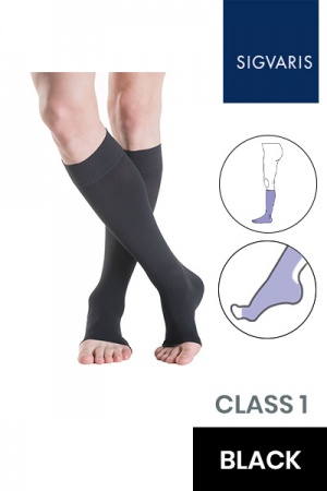 Sigvaris Essential Thermoregulating Unisex Class 1 Knee High Black Compression Stockings with Open Toe