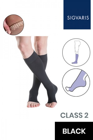 Sigvaris Essential Thermoregulating Unisex Class 2 Knee High Black Compression Stockings with Knobbed Grip and Open Toe