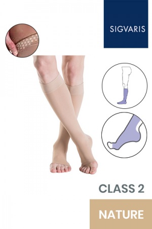 Sigvaris Essential Thermoregulating Unisex Class 2 Knee High Nature Compression Stockings with Knobbed Grip and Open Toe