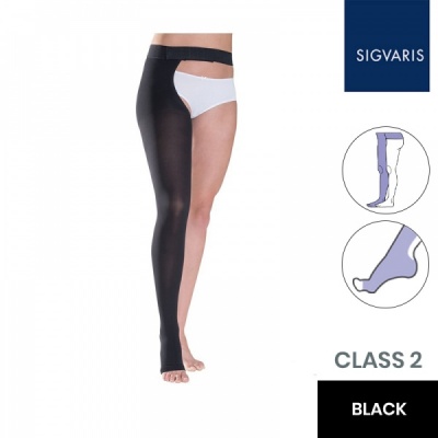 Sigvaris Essential Thermoregulating Unisex Class 2 Thigh Black Compression Stocking with Waist Attachment and Open Toe