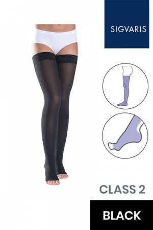 Sigvaris Essential Thermoregulating Unisex Class 2 Thigh Black Compression Stockings with Knobbed Grip and Open Toe