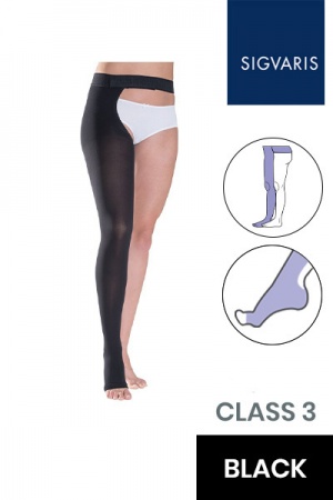 Sigvaris Essential Thermoregulating Unisex Class 3 Thigh Black Compression Stocking with Waist Attachment and Open Toe