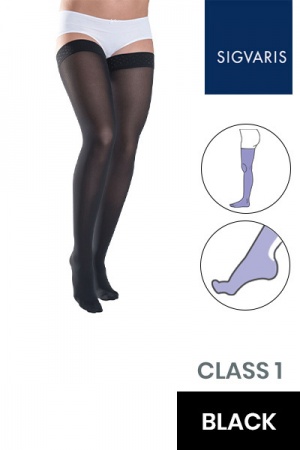 Sigvaris Style Semitransparent Class 1 Thigh Black Compression Stockings with Knobbed Grip