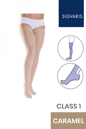 Sigvaris Style Semitransparent Class 1 Thigh Caramel Compression Stockings with Lace Grip