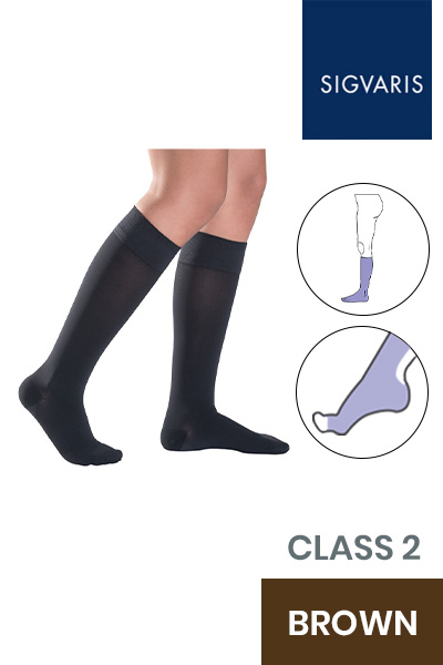 Sigvaris Style Semitransparent Class 2 Knee High Brown Compression Stockings with Open Toe