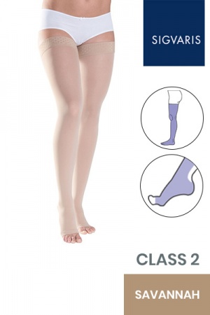 Sigvaris Style Semitransparent Class 2 Thigh Savannah Compression Stockings with Lace Grip and Open Toe