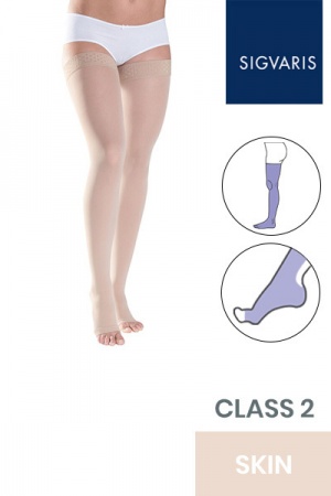 Sigvaris Style Semitransparent Class 2 Thigh Skin Compression Stockings with Knobbed Grip and Open Toe