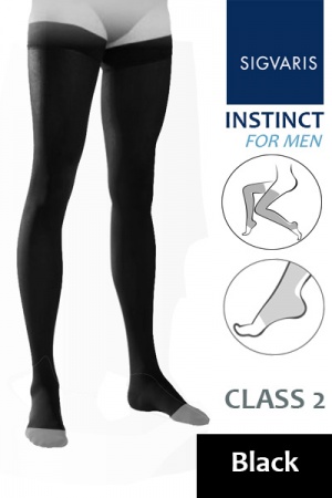 Sigvaris Instinct Men's Class 2 Black Thigh Compression Stockings with Open Toe