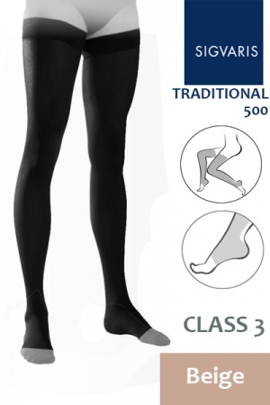Sigvaris Traditional 500 Class 3 Beige Half Thigh Compression Stockings with Open Toe