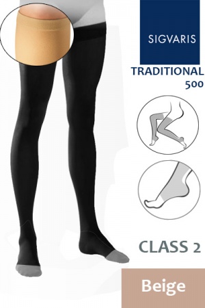 Sigvaris Traditional 500 Class 2 Beige Thigh Compression Stockings with Open Toe and Knobbed Grip Top