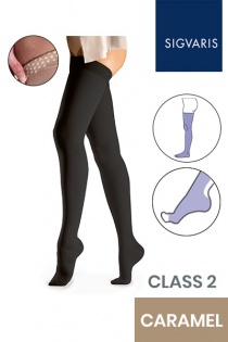 Sigvaris Essential Comfortable Unisex Class 2 Thigh High Caramel Compression Stockings with Grip Top and Open Toe