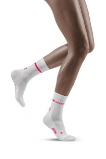 CEP Women's White and Pink Neon Mid-Cut Compression Socks for Running