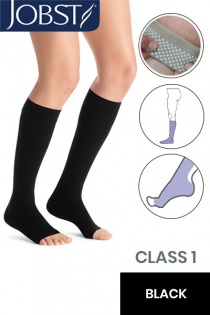 Jobst Opaque Class 1 Black Knee High Compression Stockings with Open Toe and Dotted Silicone Band