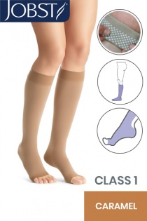 Jobst Opaque Class 1 Caramel Knee High Compression Stockings with Open Toe and Dotted Silicone Band