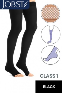 Jobst Opaque Class 1 Black Thigh High Compression Stockings with Open Toe and Dotted Silicone Band