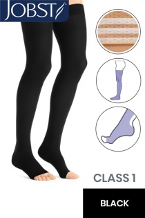 Jobst Opaque Class 1 Black Thigh High Compression Stockings with Open Toe and Soft Silicone Band