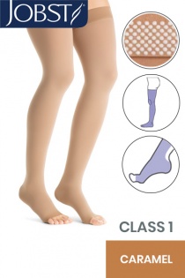 Jobst Opaque Class 1 Caramel Thigh High Compression Stockings with Open Toe and Dotted Silicone Band