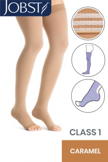 Jobst Opaque Class 1 Caramel Thigh High Compression Stockings with Open Toe and Soft Silicone Band