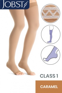 Jobst Opaque Class 1 Caramel Thigh High Compression Stockings with Open Toe and Lace Silicone Band