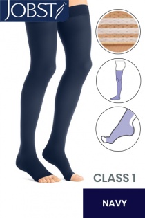 Jobst Opaque Class 1 Navy Thigh High Compression Stockings with Open Toe and Soft Silicone Band
