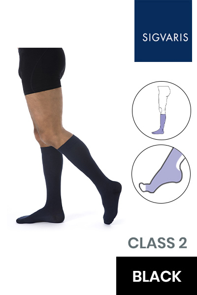 Sigvaris Essential Coton Men's Class 2 Knee High Black Compression Stockings with Open Toe