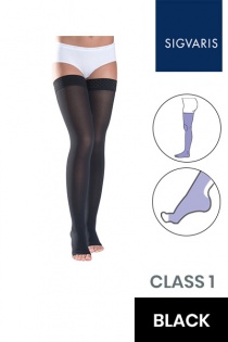 Sigvaris Essential Thermoregulating Unisex Class 1 Thigh Black Compression Stockings with Knobbed Grip and Open Toe
