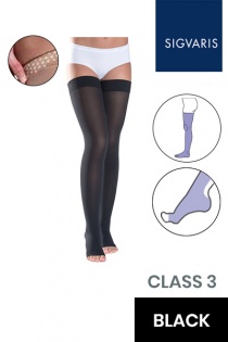 Sigvaris Essential Thermoregulating Unisex Class 3 Thigh Black Compression Stockings with Knobbed Grip and Open Toe