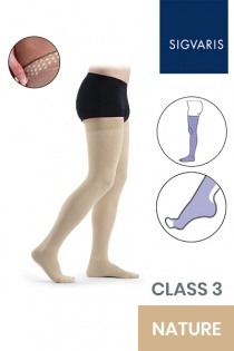 Sigvaris Essential Thermoregulating Unisex Class 3 Thigh Nature Compression Stockings with Knobbed Grip and Open Toe