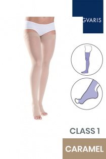 Sigvaris Style Semitransparent Class 1 Thigh Caramel Compression Stockings with Lace Grip and Open Toe