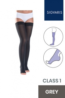 Sigvaris Style Semitransparent Class 1 Thigh Grey Compression Stockings with Lace Grip and Open Toe