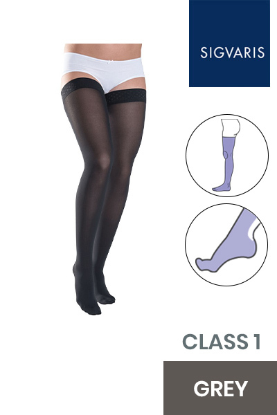 Sigvaris Style Semitransparent Class 1 Thigh Grey Compression Stockings with Lace Grip