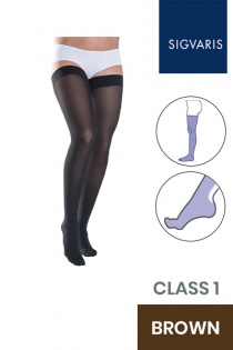 Sigvaris Style Semitransparent Class 1 Thigh Brown Compression Stockings with Lace Grip and Open Toe