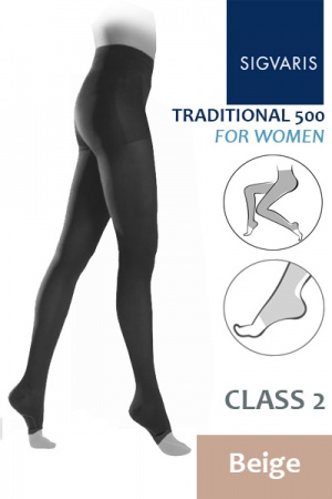 Sigvaris Traditional 500 for Women Class 2 Beige Compression Tights with Open Toe