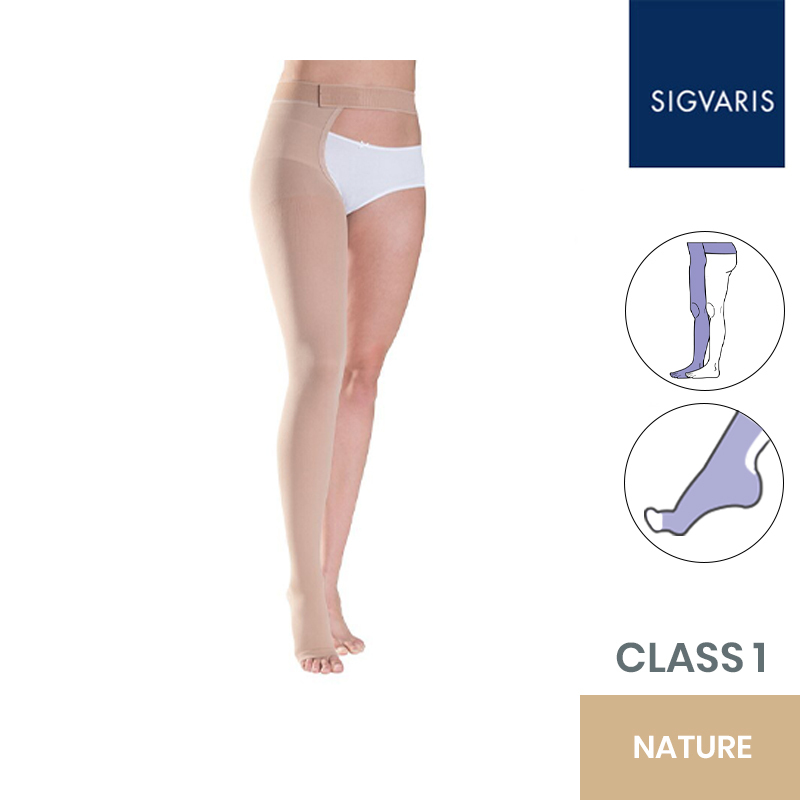 Sigvaris Essential Thermoregulating Class 1 (18-21mmHg) Thigh Nature Compression Stocking with Waist Attachment